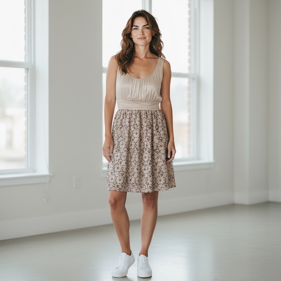 Beige Strapless Dress with Floral Lace Skirt - Picture 2 of 9